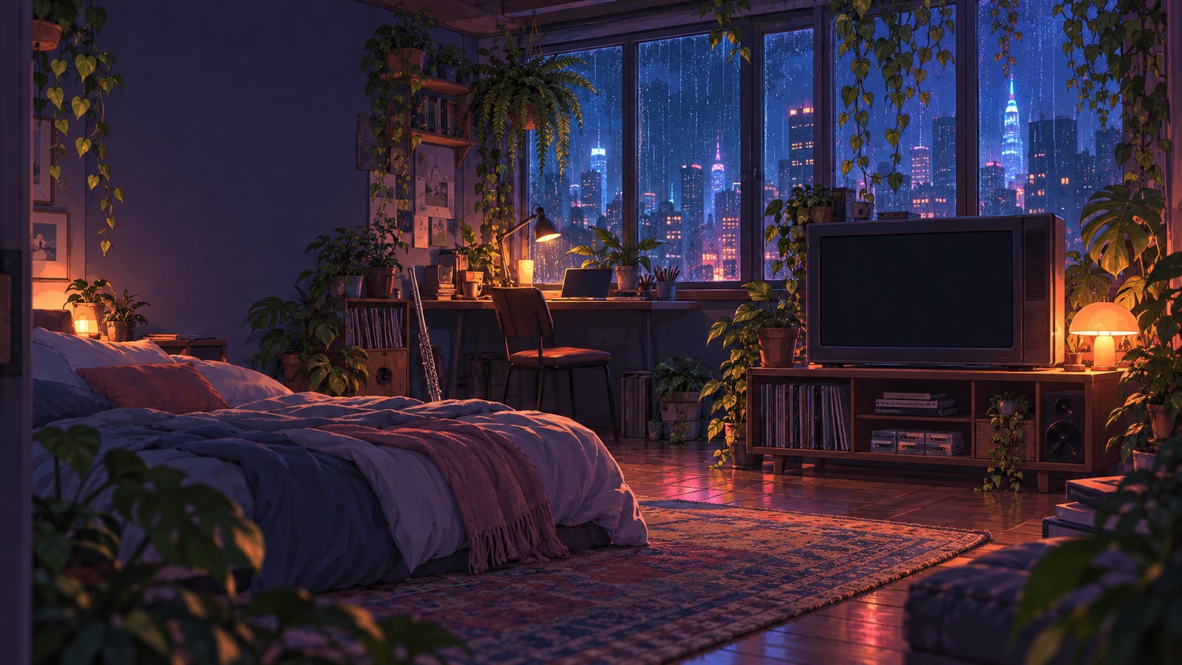 Illustrated bedroom at night, with plants, rainy city windows, a warm lamp, and a television